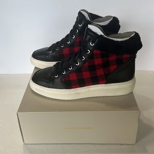 Marc Fisher Fellow Faux Fur Buffalo Plaid Hi-Top Sneakers Size 9.5 NEW IN BOX